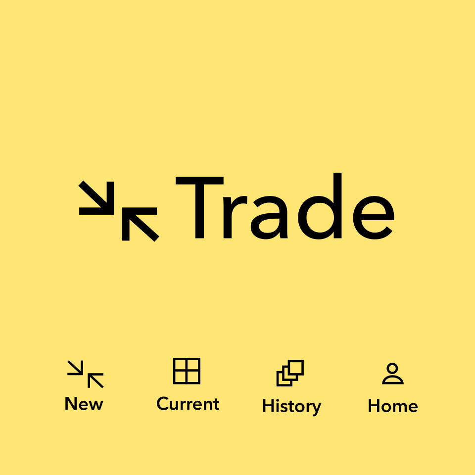 A logomark that reads Trade with a series of navigation icons from the app