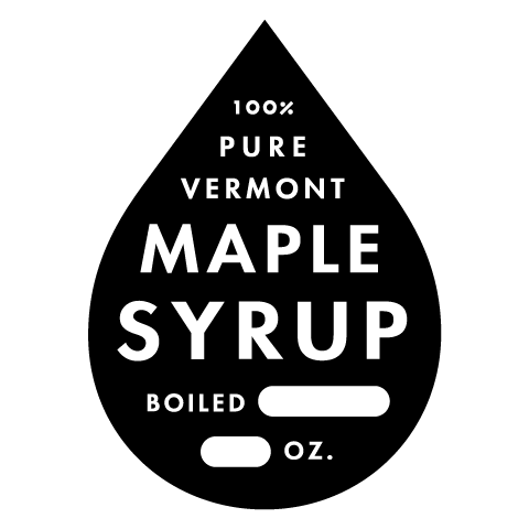A maple syrup label shaped like a droplet that reads 100% pure Vermont Maple Syrup, with blank spaces labeled Boiled and OZ.