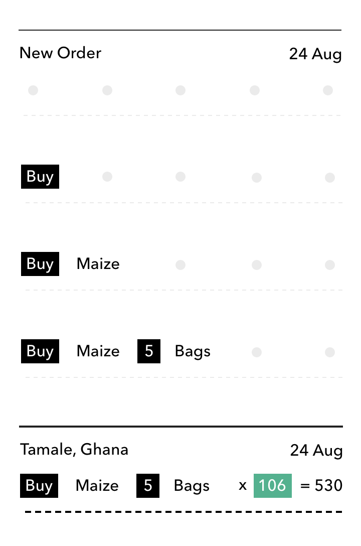 A series of UI states showing an order card populated step by step